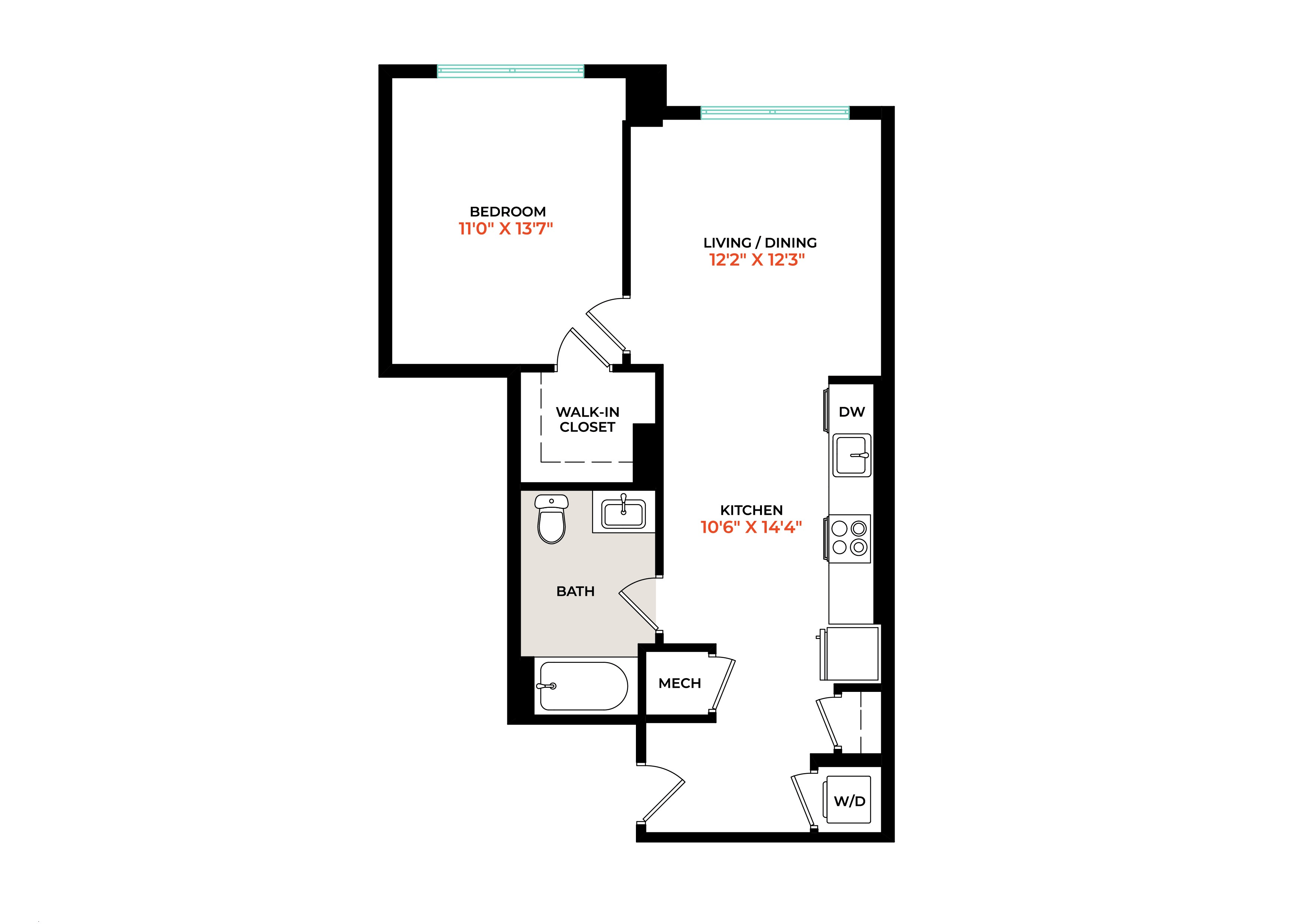Floor plan for 1 bed, 1 bath, 699 sqft